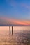 Birds on Pilings Against Sunset