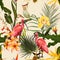 Birds Scarlet Ibis in the thickets of a flowering rainforest. Hand drown  illustration.