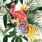 Birds Scarlet Ibis in the thickets with palm leaves and exotic flowers. Hand drawn  illustration.