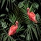 Birds Scarlet Ibis in the thickets with palm leaves. Hand drawn  illustration.