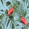 Birds Scarlet Ibis in the thickets of a palm rainforest. Hand drawn illustration.