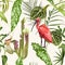 Birds Scarlet Ibis in the thickets of a tropical rainforest. Hand  drawn  illustration. Tropical jungle on white background.