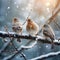 Birds sitting on a branch covered with snow in winter forest.