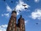 Birds in the sky, old castle, gothic architecture, city tower