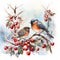 Birds on snowy branches, festive atmosphere. Generative Ai