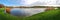 Birds swim in the pond in autumn park, panorama