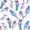 Birds in tints and shades of blue seamless watercolor bird painting background