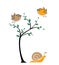 Birds on tree and snail silhouette, vector. Colorful nature in spring illustration. Flying birds silhouettes. Cartoon childish ill