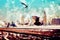 Birds on Wall - View to Big Ben City of London - Blurred Bokeh Lights Camera Lens Flares - Abstract Painting