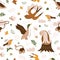 Birdwatching seamless pattern. Birding print. Birds flying in nature background. Duck, robin, owl, martin birds