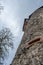 Birdy flying next to old tower with balcony at Ronneburg Castle, Germany, cloudy day, vertical shot