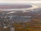 Birdâ€™s eye view of the suburb of the city of Samara, Russia, the Volga River on a warm autumn day
