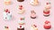 Birhday background seamless pattern with cakes and cherries on pink background