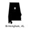 Birmingham on Alabama State Map. Detailed AL State Map with Location Pin on Birmingham City. Black silhouette vector map isolated