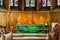 BIRMINGHAM, UK - March 2018 Chancel Area in Church for Choir and Clergy. Stained Glass and Wood Panel Wall as Backdrop