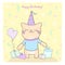 Birtday card with cute kitty and gifts.