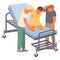 Birth position for pregnant woman, husband, nurse help to relax at medical bed, comfortable posture