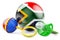 Birth rate and parenting in South Africa concept. Baby pacifier and baby rattle with South African flag, 3D rendering