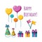 Birthday accessories. Balloons, flag, presents and etc. Vector illustration isolated in white background