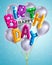 Birthday balloons vector design. Happy birthday 3d greeting text with balloon bunch element for kids birth day party card.