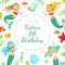 Birthday Banner Template with Cute Mermaids and Aquatic Nature Elements, Under the Sea Theme Party Greeting or