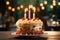 Birthday cake adorned by a lone, glowing candle on top