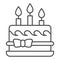 Birthday cake with bow and candles thin line icon, Birthday cupcake concept, dessert with three candles and bow sign on