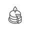 Birthday cake with burning candle outline icon. Symbol of party, holiday, event, anniversary. Sweet dessert line label