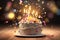Birthday cake with burning candles and confetti on a wooden table, Birthday cake with a burning candle and confetti, presented in
