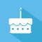 Birthday cake with candle flat icon on blue with shadow, stock v