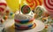 a birthday cake with a candle is shown behind white swirls