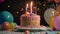 Birthday cake with candles, balloons and confetti on dark background, Beautiful birthday concept with a delicious cake, AI