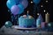 Birthday cake with candles and balloons on dark background, closeup, Blue Birthday Cake with gift boxes confetti and balloon, AI
