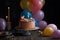 Birthday cake with candles and balloons on dark background, closeup, Colorful birthday party balloons with confetti and cake , AI