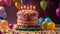 Birthday cake with candles and balloons on wooden table, closeup, Beautiful birthday concept with a delicious cake, AI Generated