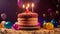 Birthday cake with candles and balloons on wooden table, closeup, Beautiful birthday concept with a delicious cake, AI Generated