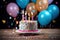 Birthday cake with candles and balloons on wooden table, closeup, Birthday cake with colorful balloons, confetti and confetti on