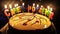 Birthday cake and candles. Birthday cake with candles, bright lights bokeh.