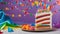 birthday cake and candles A realistic scene of a colorful slice of birthday cake with rainbow candles on a white plate.