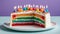 birthday cake with candles A realistic scene of a colorful slice of birthday cake with rainbow candles on a white plate.