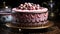 Birthday cake with chocolate cream, strawberry icing, and candy decoration generated by AI