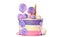 Birthday cake with colored stripes of pink and purple decorated with multicolored marshmallows on an white background.