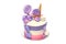 Birthday cake with colored stripes of pink and purple decorated with multicolored marshmallows on an white background.