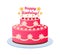 Birthday cake. Colorful pink celebration dessert with cream and happy birthday text, kids holiday party, invitation or