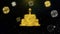 Birthday cake icon on gold particles fireworks display.