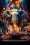 Birthday cake with lit candles in front of elephant. Generative AI