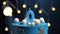 Birthday cake number 0 stars sky and moon concept, blue candle is fire by lighter and then blows out. Copy space on