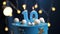 Birthday cake number 10 stars sky and moon concept, blue candle is fire by lighter and then blows out. Copy space on