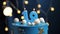 Birthday cake number 19 stars sky and moon concept, blue candle is fire by lighter and then blows out. Copy space on