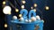 Birthday cake number 20 stars sky and moon concept, blue candle is fire by lighter. Copy space on right side of screen. Close-up